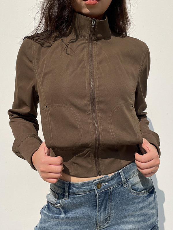 Brown Vintage Zipper High Collar Slimming Jacket