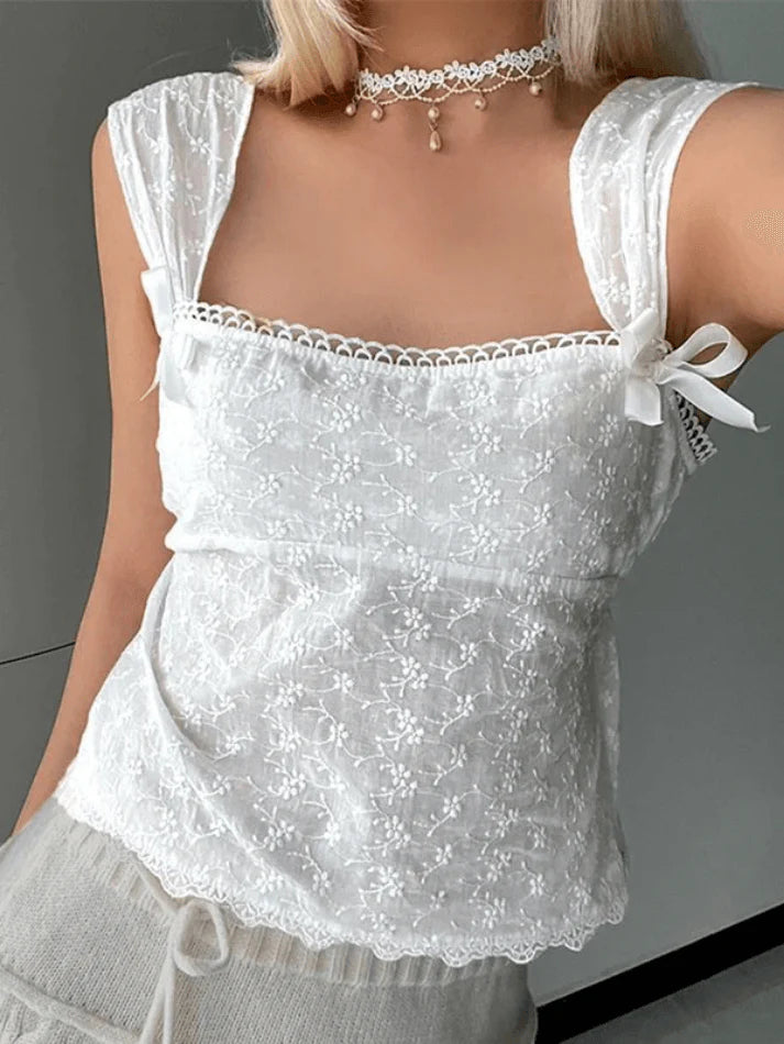 Vintage White Embroidered Tank Top with Lace Bows