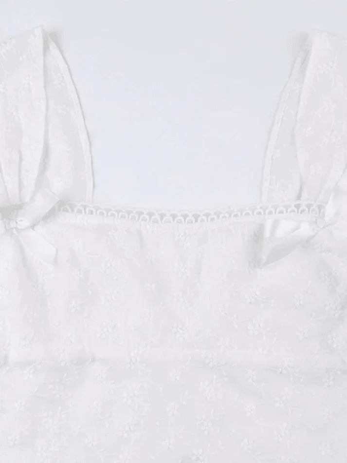 Vintage White Embroidered Tank Top with Lace Bows