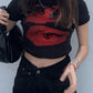 Black Y2K Baby Crop Top with Eye Pattern