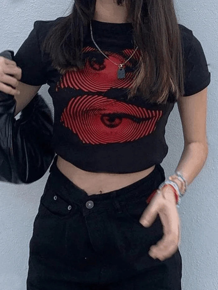 Black Y2K Baby Crop Top with Eye Pattern