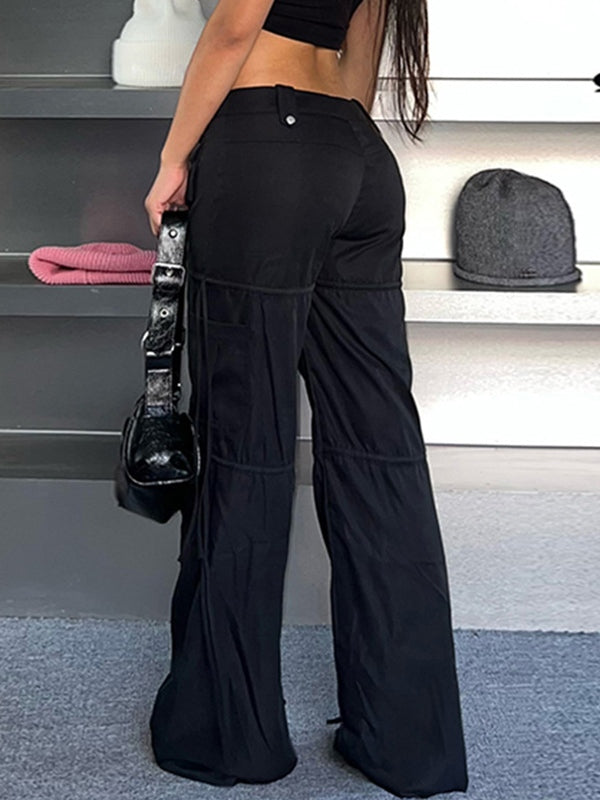 Black Hip Hop Low Waist Cargo Pants with Pockets and Ribbons