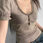 Khaki Vintage Bubble Sleeve V-Neck Top