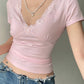 Pink Vintage V-Neck Lace Trim Short Sleeve T-Shirt