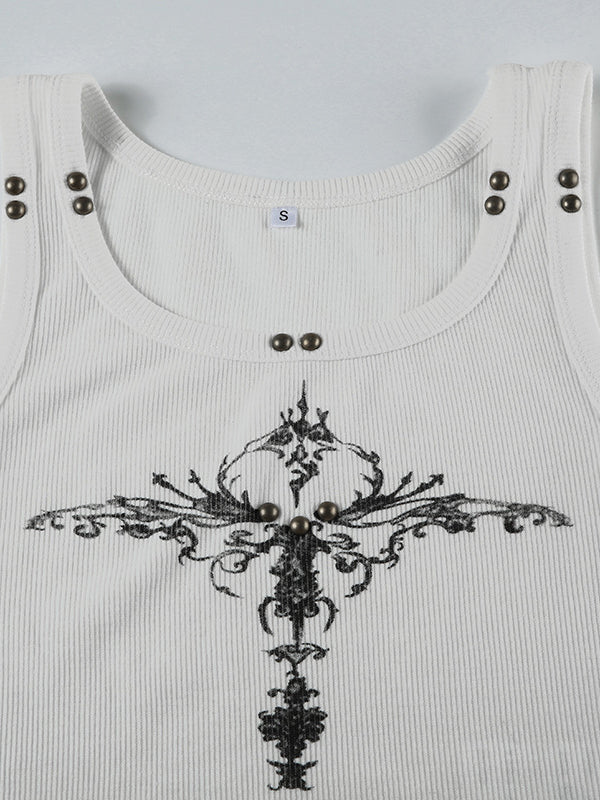 White Gothic Print Studded Tank Top