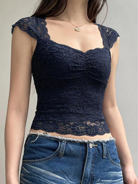 Navy Blue Vintage Lace Slim Short Sleeve Top