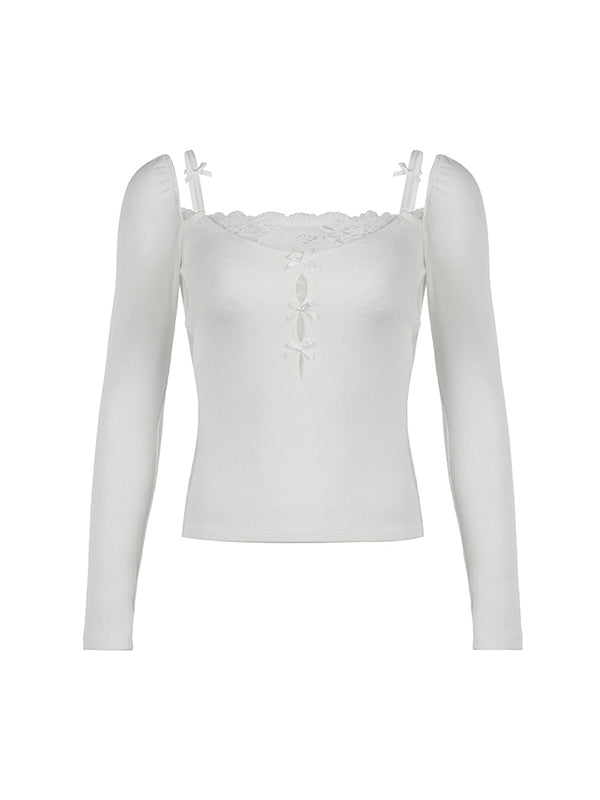 White Lace Stitching Bow Neck Long Sleeve Knit