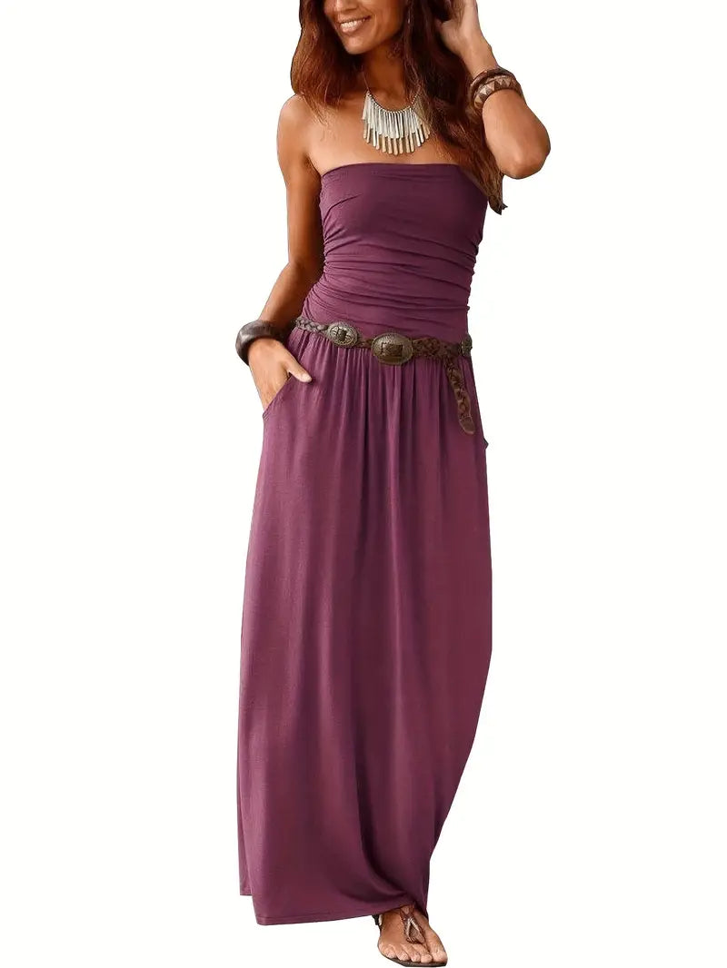 Vintage Solid Versatile Strapless Maxi Dress with Pockets