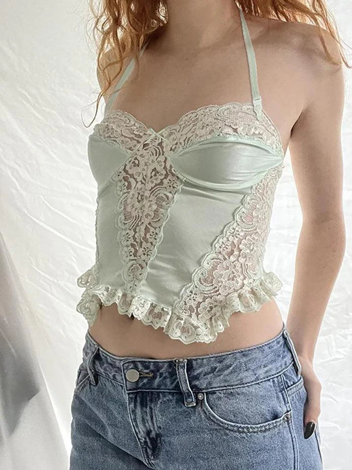 Y2K Halterneck Crop Top with Lace Patchwork