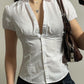 White Vintage Slim Waist V Neck Short Sleeve Shirt