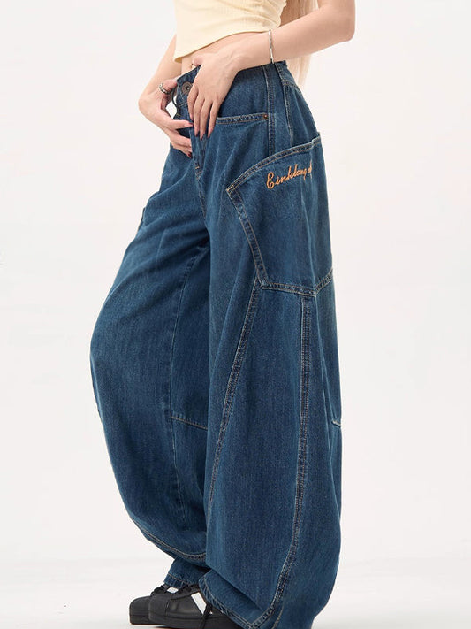 Vintage Blue Boyfriend Jeans with Big Pockets and Wide Crooked Cut