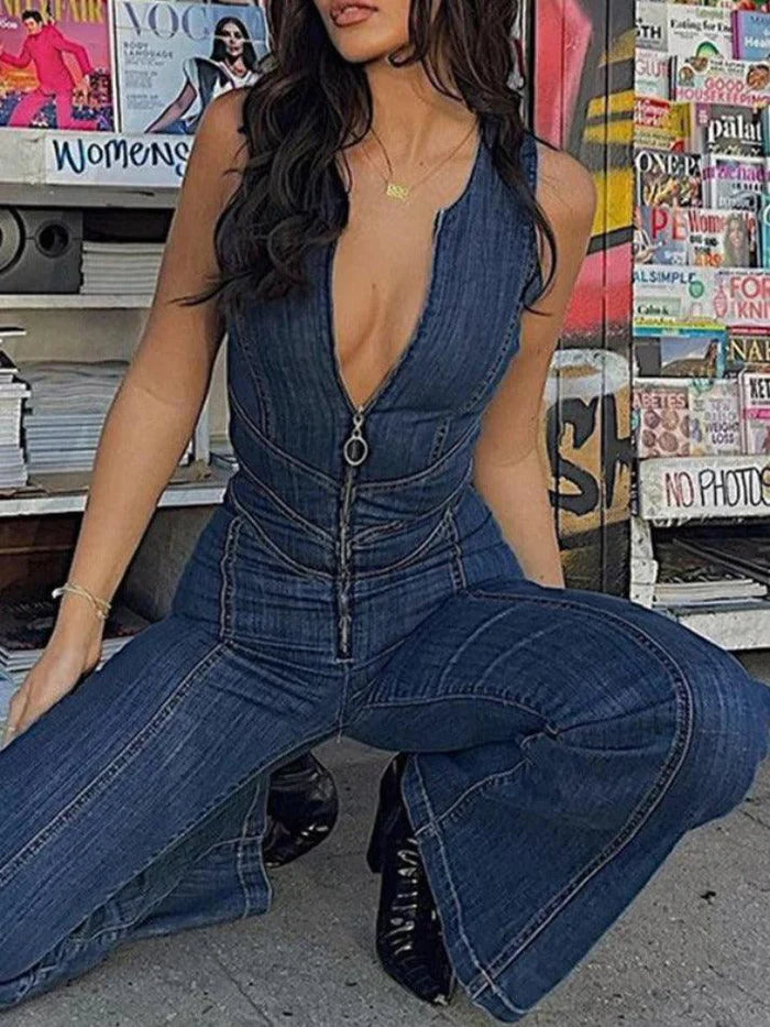 Vintage High Rise Denim Jumpsuit with Zipper