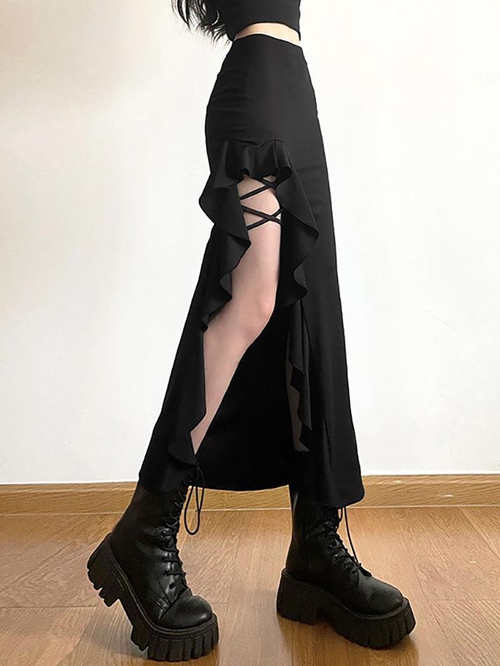 Black High Waist Irregular Split Goth Skirt