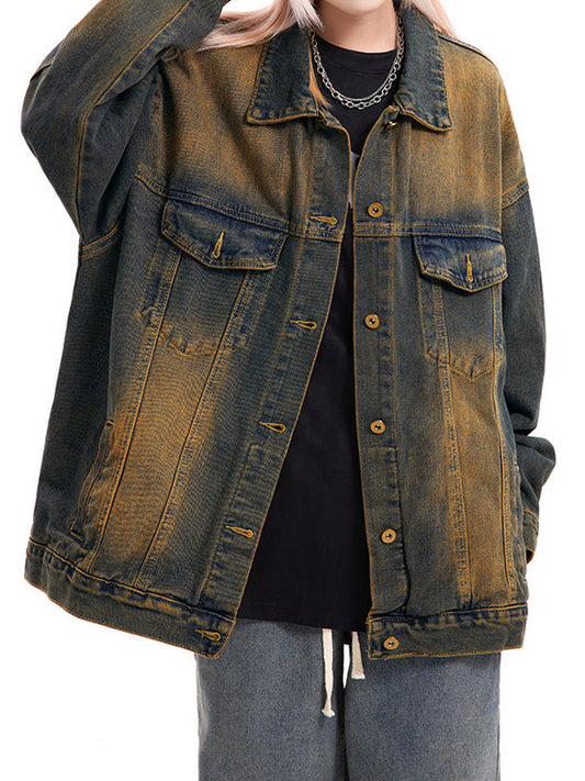 Vintage Blue Ombre Washed Loose Denim Jacket