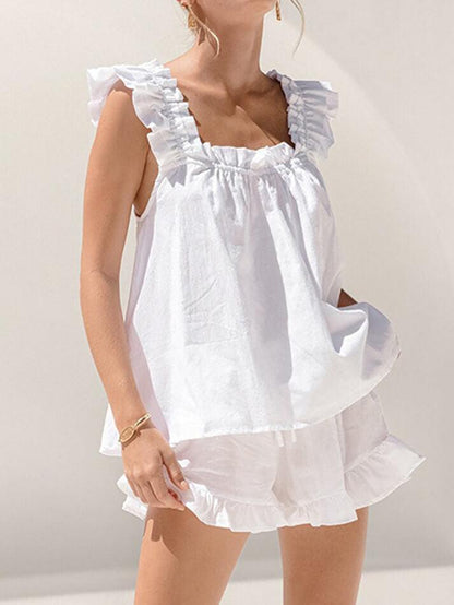 Solid Cotton Ruffle Cami Shorts Set