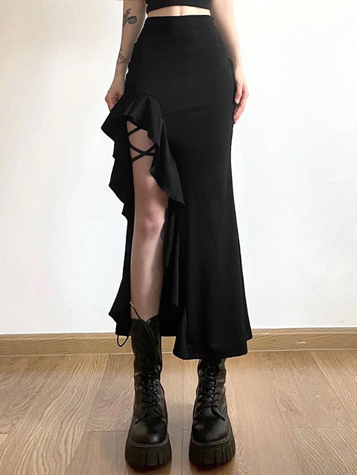 Black High Waist Irregular Split Goth Skirt