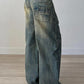 JY Punk Distressed Irregular Dividing Line Baggy Jeans/ Punk Ripped Asymmetric Dividing Line Baggy Jeans