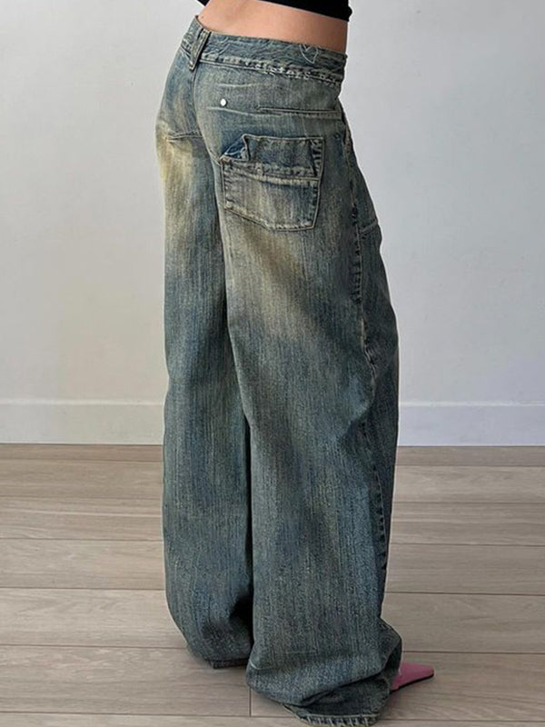 JY Punk Distressed Irregular Dividing Line Baggy Jeans/ Punk Ripped Asymmetric Dividing Line Baggy Jeans