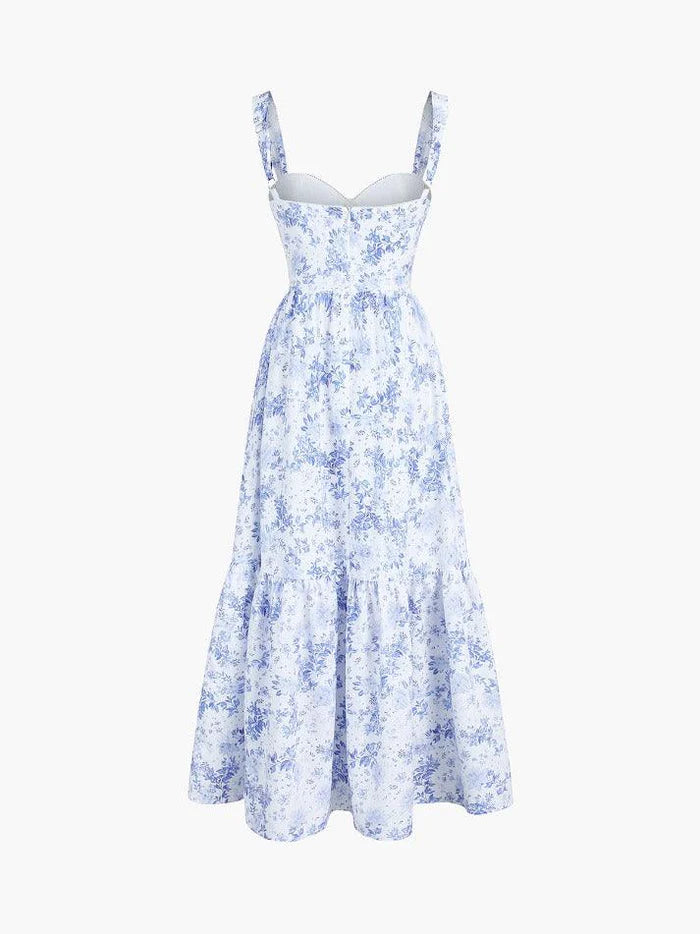 Blue vintage floral dress with zip and pockets