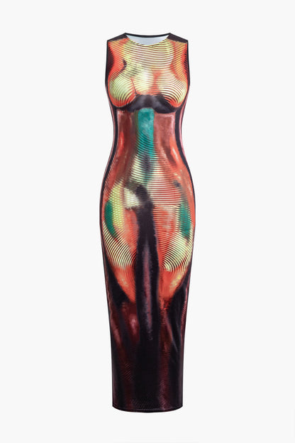 Abstract Print Slim Fit Tank Midi Dress