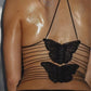 Black backless mesh halter neck camisole with butterfly embroidery 