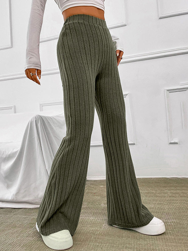 Solid color ribbed high waist flared trousers