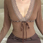 Vintage Brown Street Lace Up Long Sleeve Top