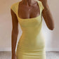 Yellow Vintage Square Neck Bodycon Mini Dress