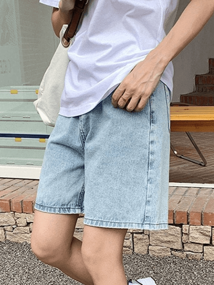 Blue Retro Denim High Waist Shorts with Straight Leg