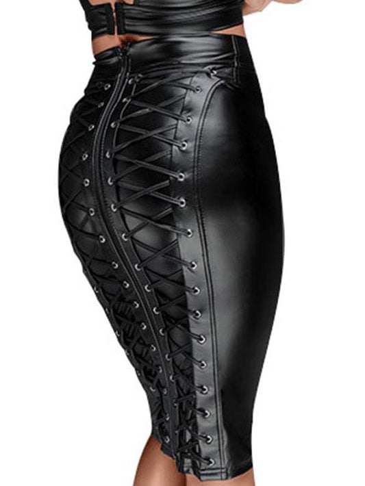 Black gothic faux leather wrap midi skirt with lacing and back zip