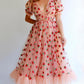 Pink Vintage Style Sequin Strawberry Mesh Pleated Maxi Dress