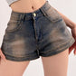 Blue vintage distressed denim shorts with washed effect