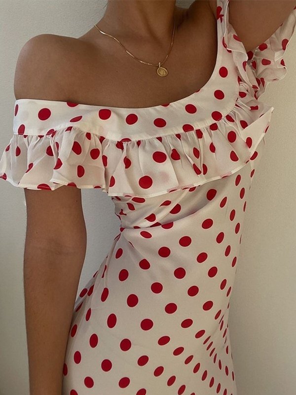 Off Shoulder Flounce Polka Dot Dress