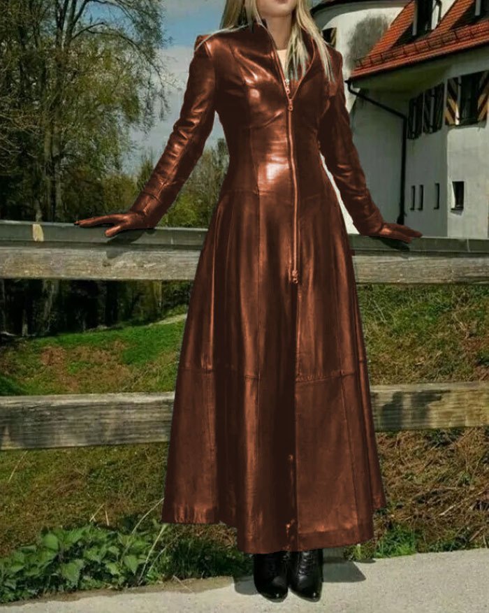 Brown vintage faux leather coat with front zip