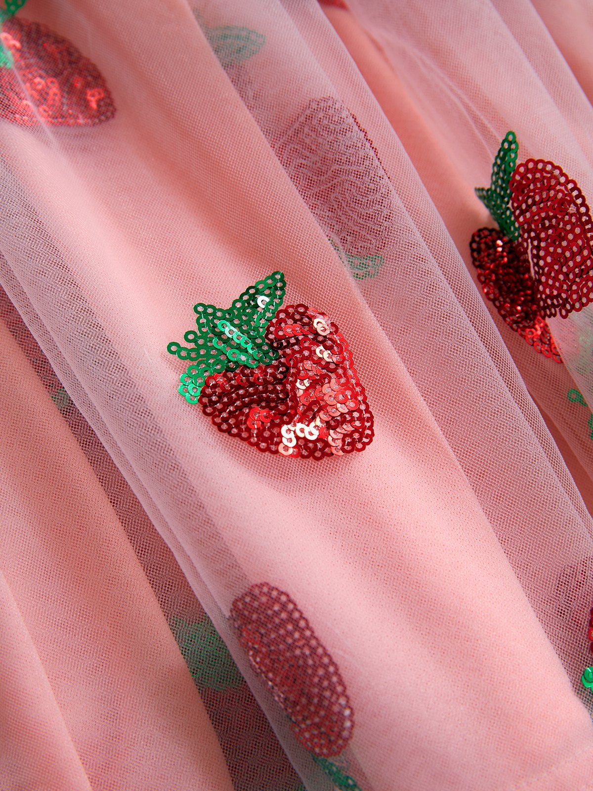 Pink Vintage Style Sequin Strawberry Mesh Pleated Maxi Dress