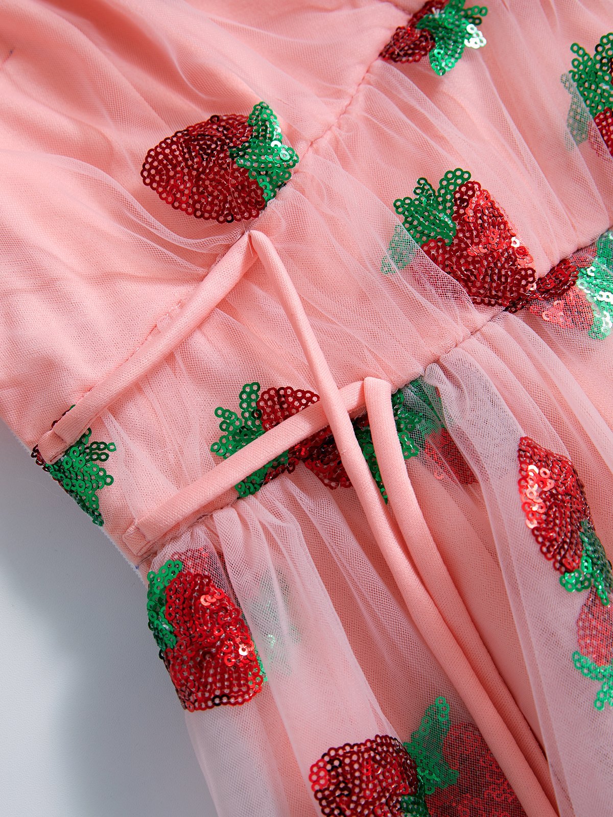 Pink Vintage Style Sequin Strawberry Mesh Pleated Maxi Dress