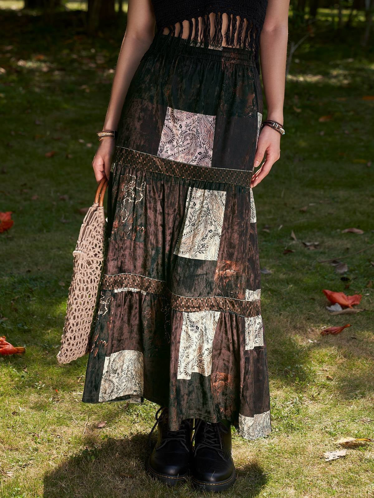 Brown vintage patchwork maxi skirt made of printed velvet