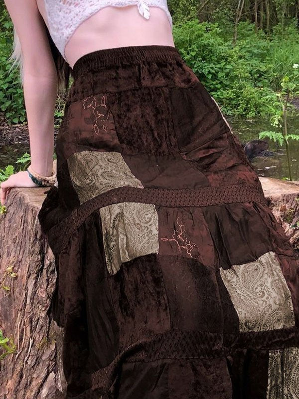 Brown vintage patchwork maxi skirt made of printed velvet