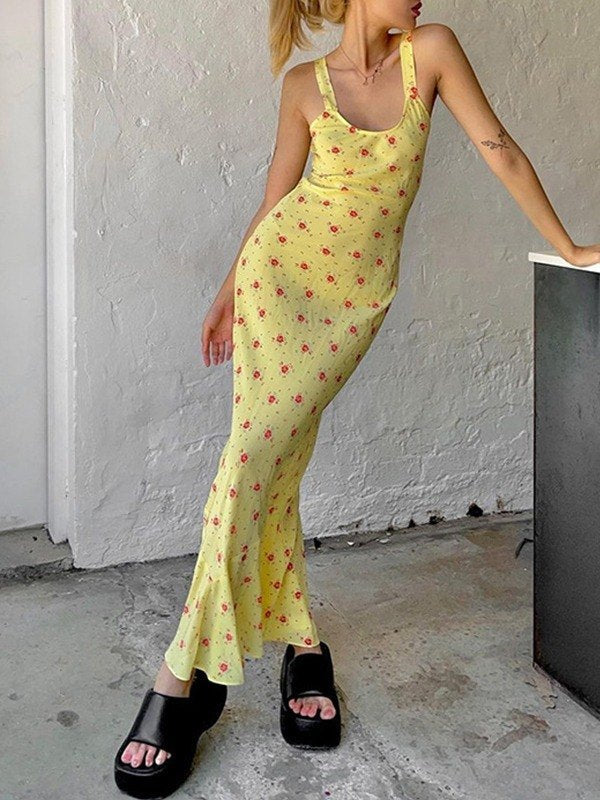 Yellow Cute Summer Maxi Dress with Floral Print