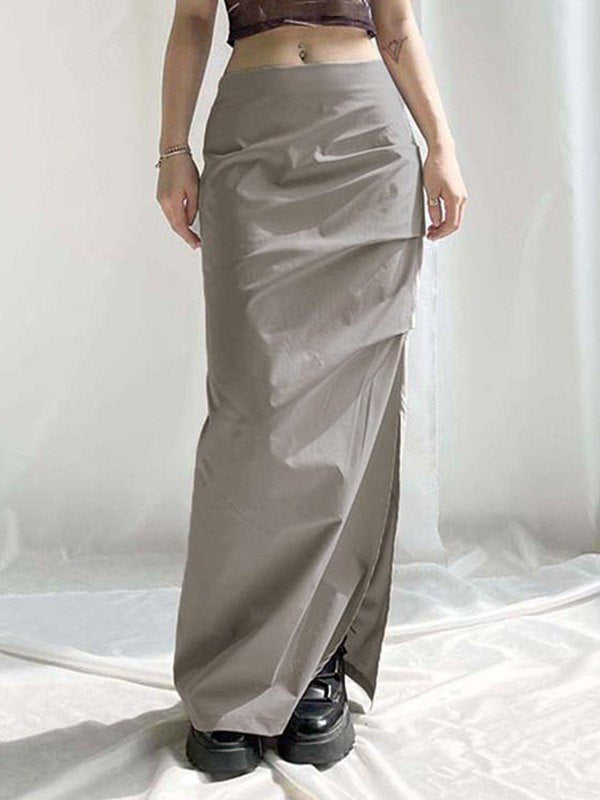 Grey Y2K Ruched Split Long Skirt