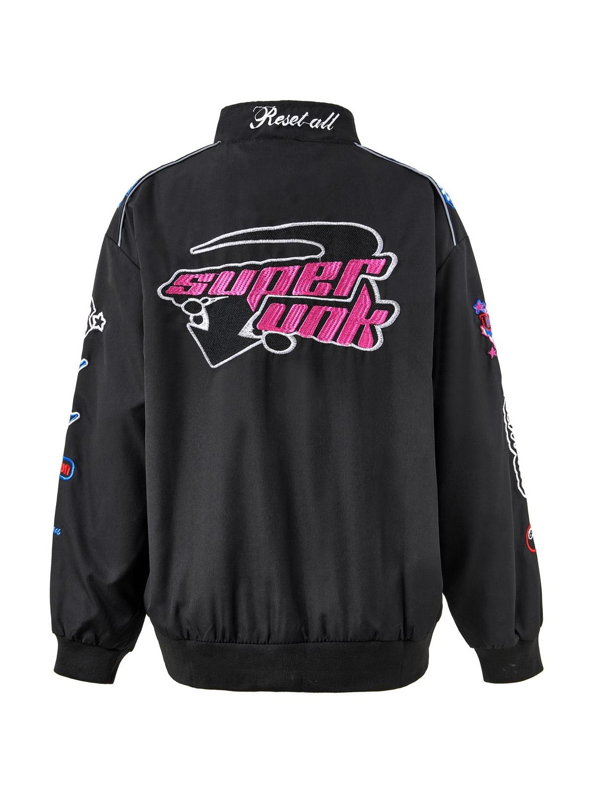 Black vintage motorcycle bomber jacket with embroidery