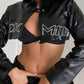 Vintage black jacket made of PU leather with logo embroidery and short cut