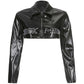 Vintage black jacket made of PU leather with logo embroidery and short cut