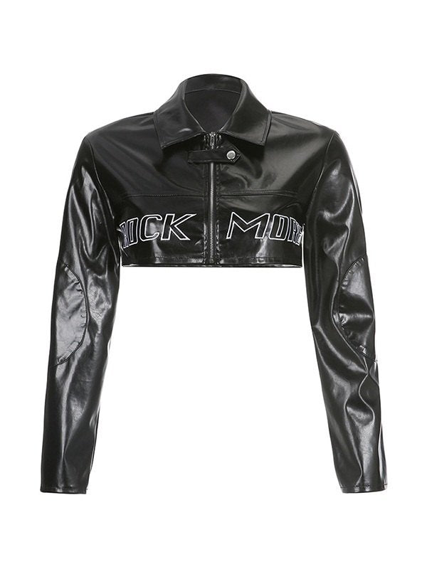 Vintage black jacket made of PU leather with logo embroidery and short cut