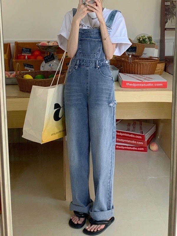 Blue Vintage Washed Denim Dungarees with Faded Details