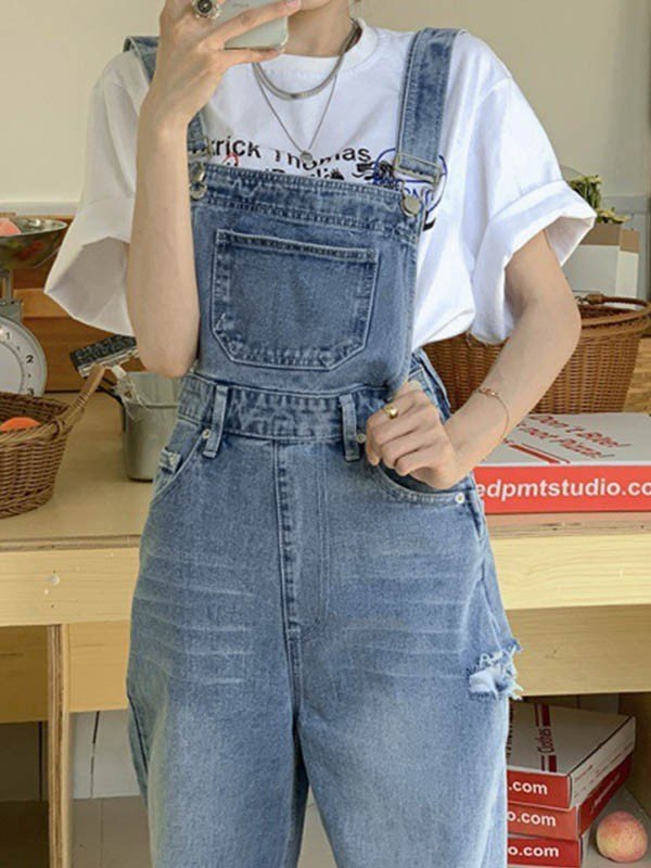 Blue Vintage Washed Denim Dungarees with Faded Details