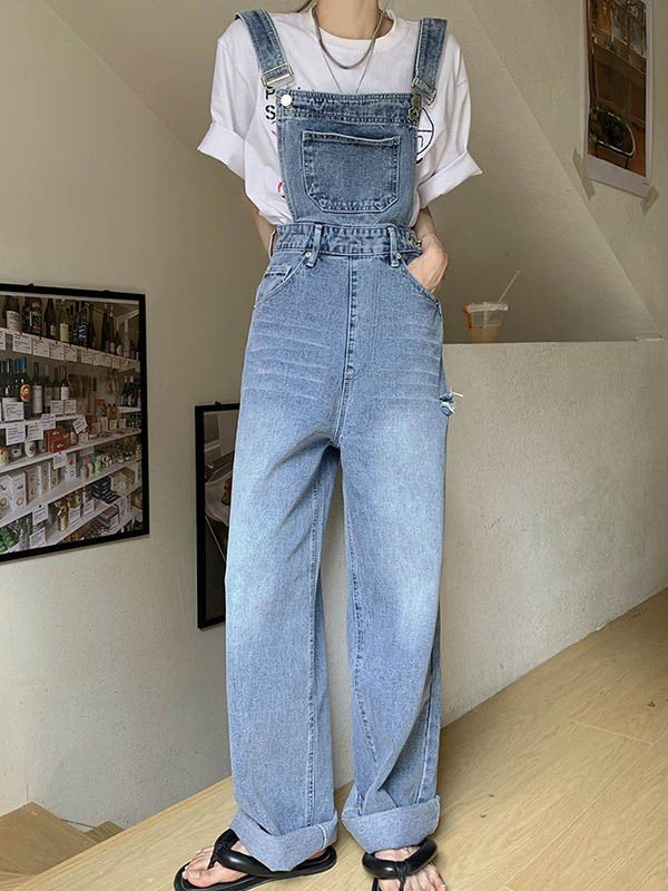 Blue Vintage Washed Denim Dungarees with Faded Details