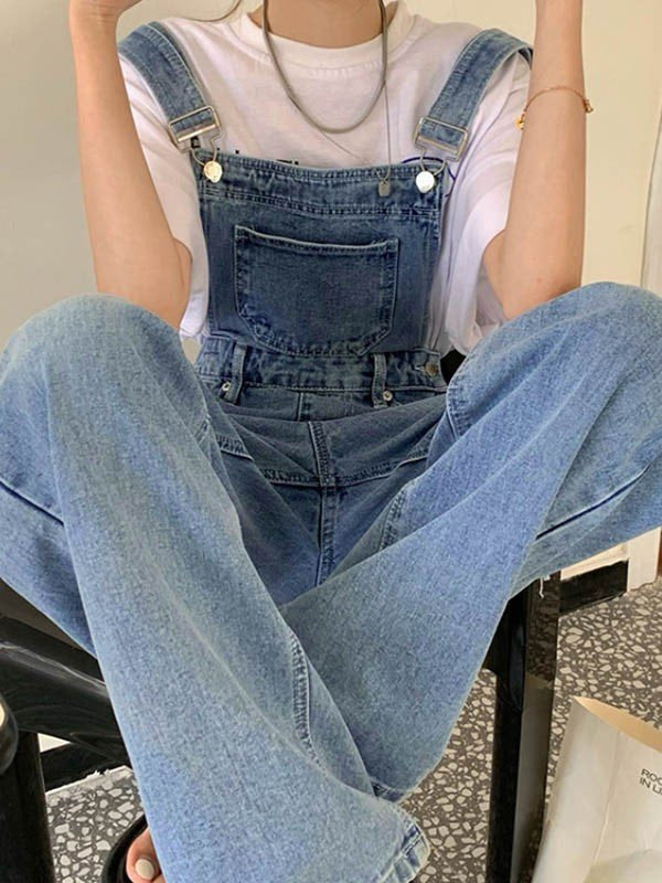 Blue Vintage Washed Denim Dungarees with Faded Details