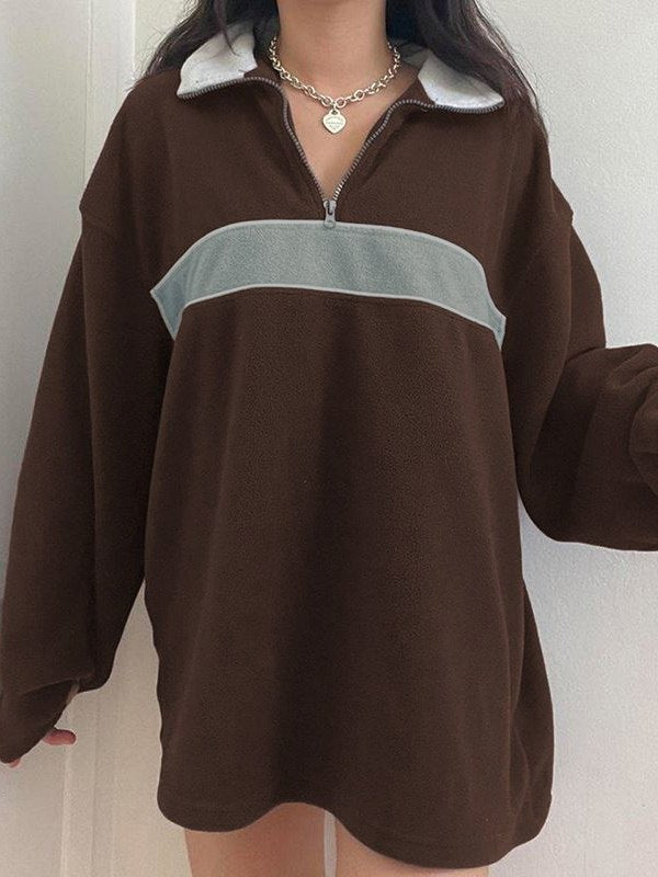 Brown retro sports fleece sweatshirt with patchwork and zipper