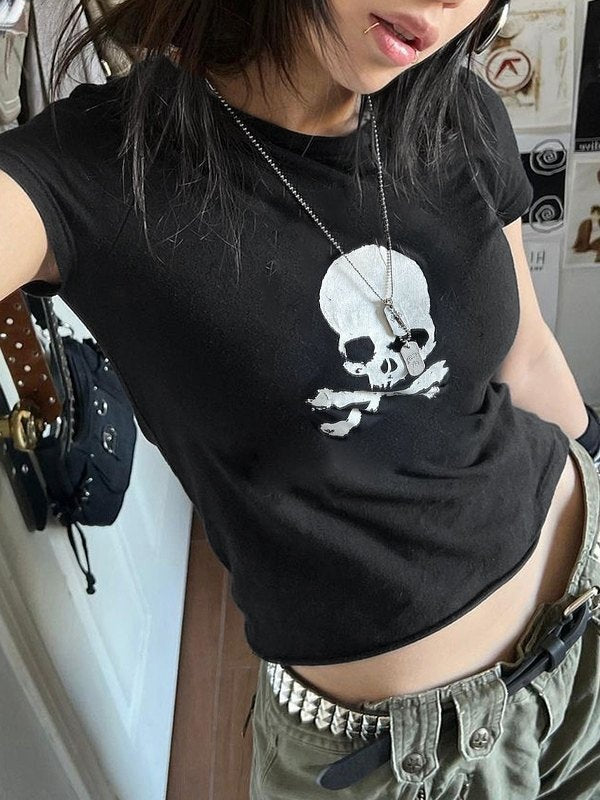 Black short sleeve Y2K crop top t-shirt with skull motif